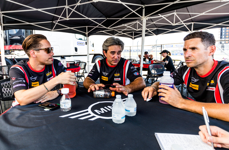 Perocarpi with the two drivers of the No. 73 Mini. Left to right: Derek Jones, Luis Perocarpi and Mat Pombo. Photo credit: Kurt Bradley